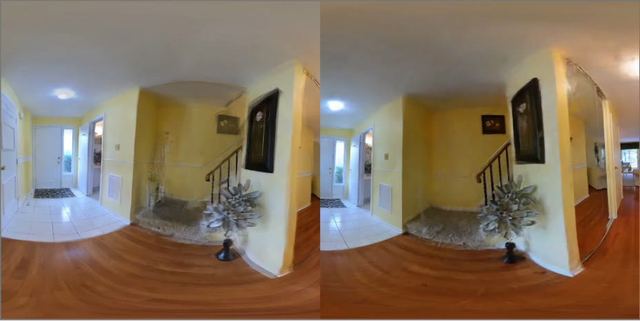 Two renders of the same hallway side by side: the first ArtiFixer3D+ run and the variant distilled with depth and loop constraints. Local structure differs, both still show distortions.