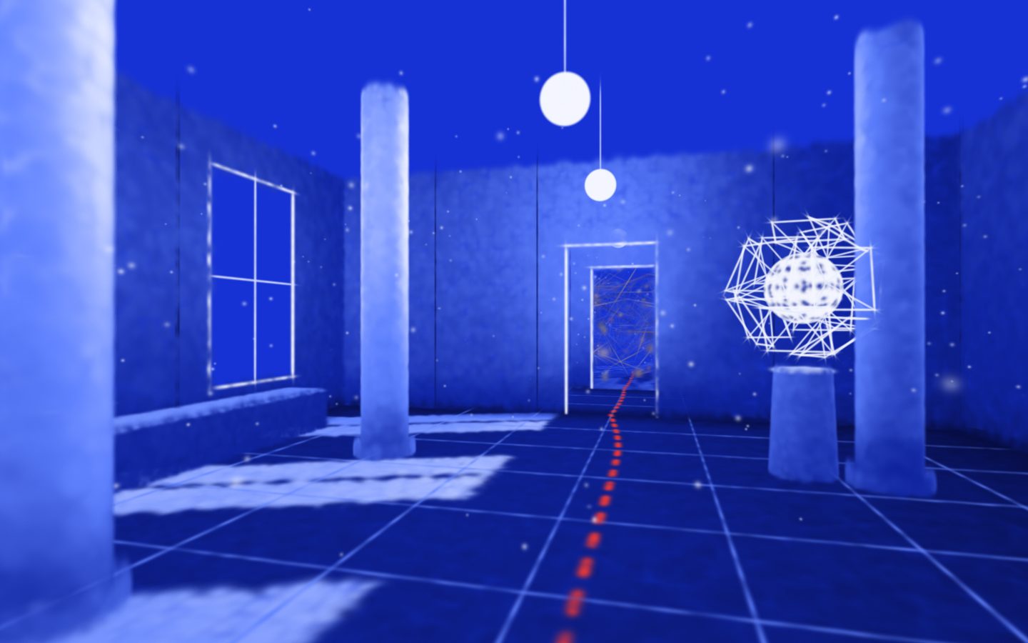 A building made of Gaussian splats, drawn like a blueprint, with a red planned path leading through a doorway